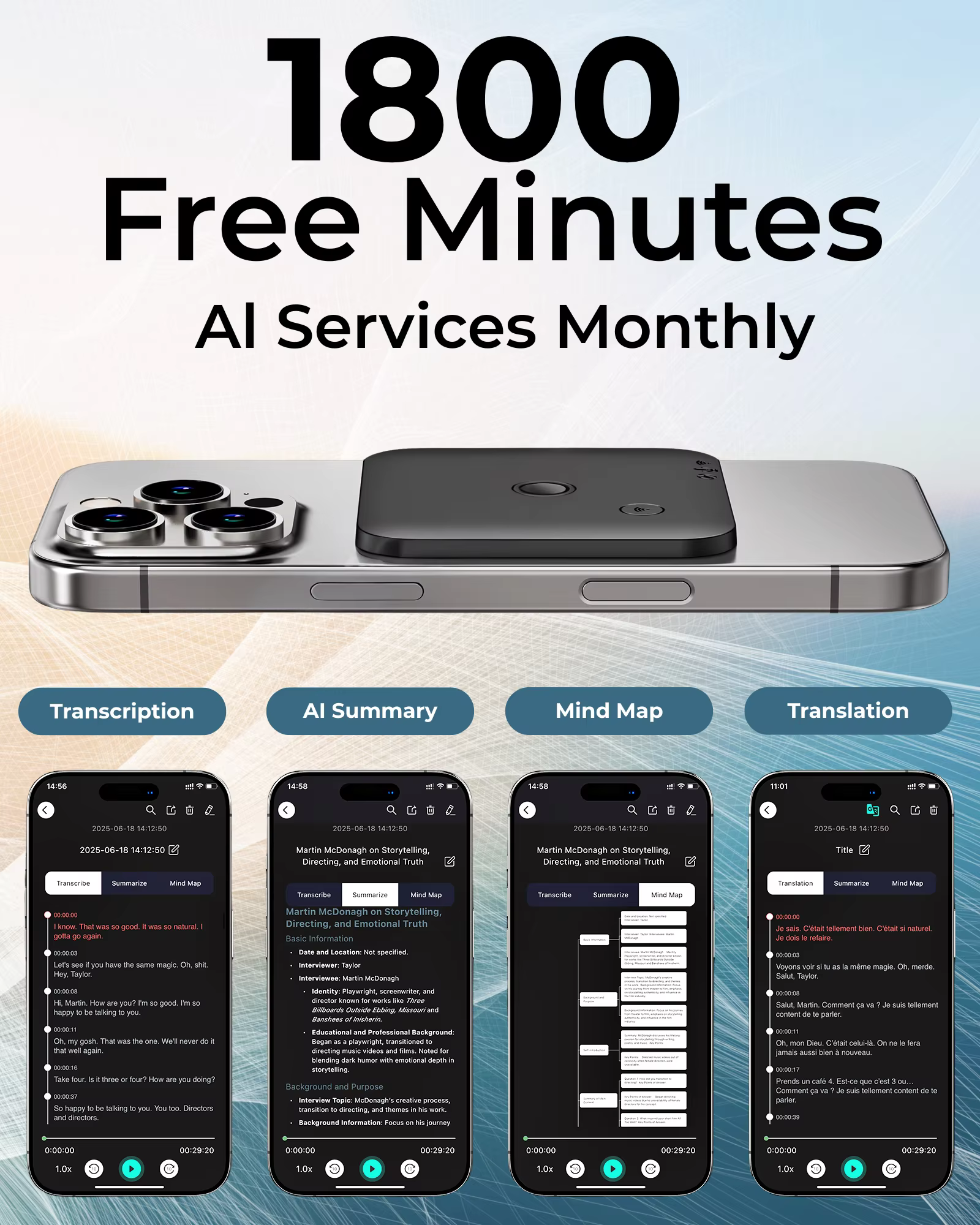 AI Voice Recorder 64GB, 100 Languages, Speech-to-Text